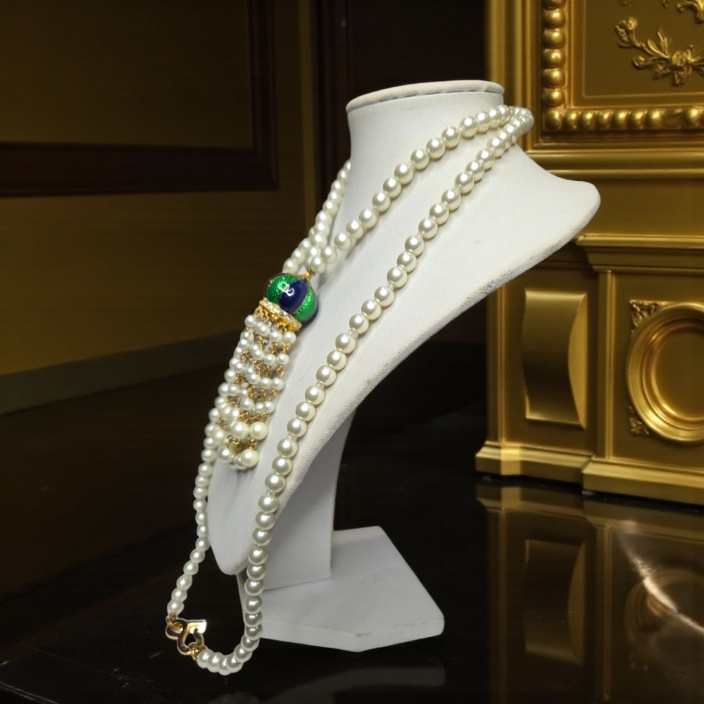 KENNETH LANE Pearl Sapphire Emerald Enamel Tassel Necklace - Picture 2 of 5